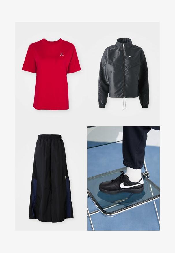 Chaqueta negra corta con cuello alto, cierre de cremallera, puños de elastano y un logo de Nike en blanco. Tejido suave y brillante con una superficie ligeramente texturizada.; Camiseta de algodón roja con mangas cortas, cuello redondo, que presenta un logo de Jordan bordado en blanco en el lado izquierdo del pecho. Textura suave.; Pantalones de pierna ancha negros, confeccionados en una tela ligera, con un panel lateral azul marino y una cinturilla elástica. Logotipo blanco pequeño en la parte inferior.; Zapatillas Nike negras con acentos blancos, con una textura de cuero suave, diseño de cordones y punta redondeada, colocadas sobre una silla de cristal.