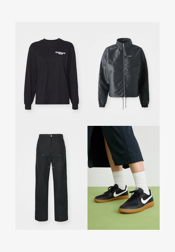 Giacca nera cropped con colletto alto, chiusura a zip, polsini in elastan e logo Nike bianco. Tessuto liscio e lucido con una superficie leggermente texturizzata.; T-shirt a maniche lunghe nera in cotone. Presenta un scollo e un semplice logo bianco "Carhartt WIP" sul petto sinistro. Vestibilità regolare.; Pantaloni neri con design a gamba dritta, realizzati in un tessuto texturizzato. Presentano dettagli decorativi in argento e una cucitura unica.; Sneaker in pelle nera e sintetica con logo Nike bianco, suola in gomma, punta rotonda e lacci neri. Calze bianche a righe visibili.