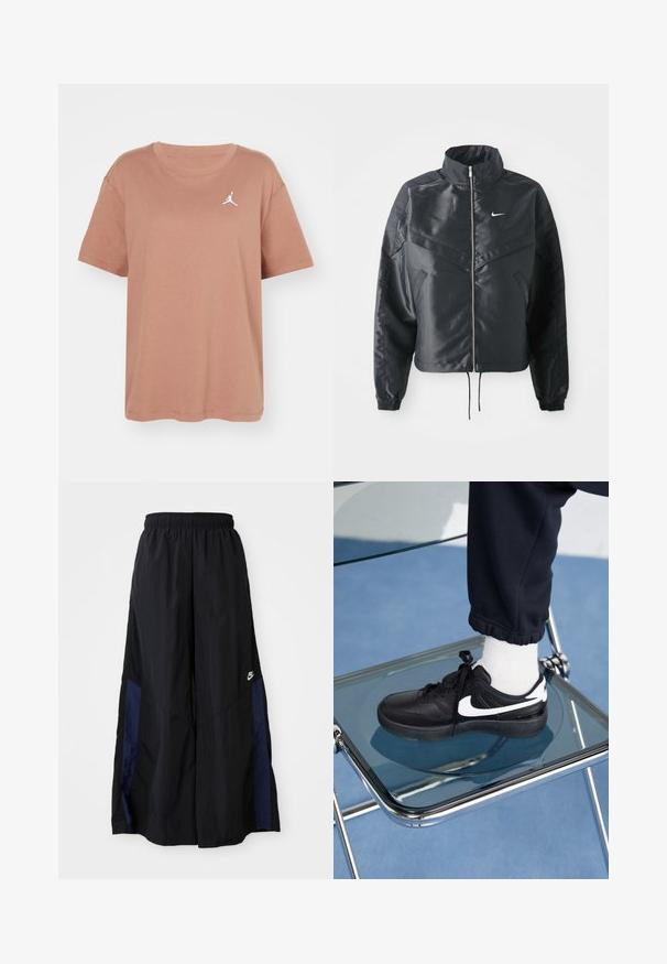 Zwarte cropped jack met hoge kraag, ritsluiting, elastische manchetten en een wit Nike-logo. Glad, glanzend materiaal met een licht gestructureerd oppervlak.; Jordan TEE - T-shirt basic - archaeo brown/(white); Zwarte wijdlopende broek van lichtgewicht stof, met een marineblauwe zijpaneel en een elastische tailleband. Klein wit logo onderaan.; Zwarte Nike sneakers met witte accenten, met een gladde leren textuur, vetersluiting en ronde neus, geplaatst op een glazen stoel.