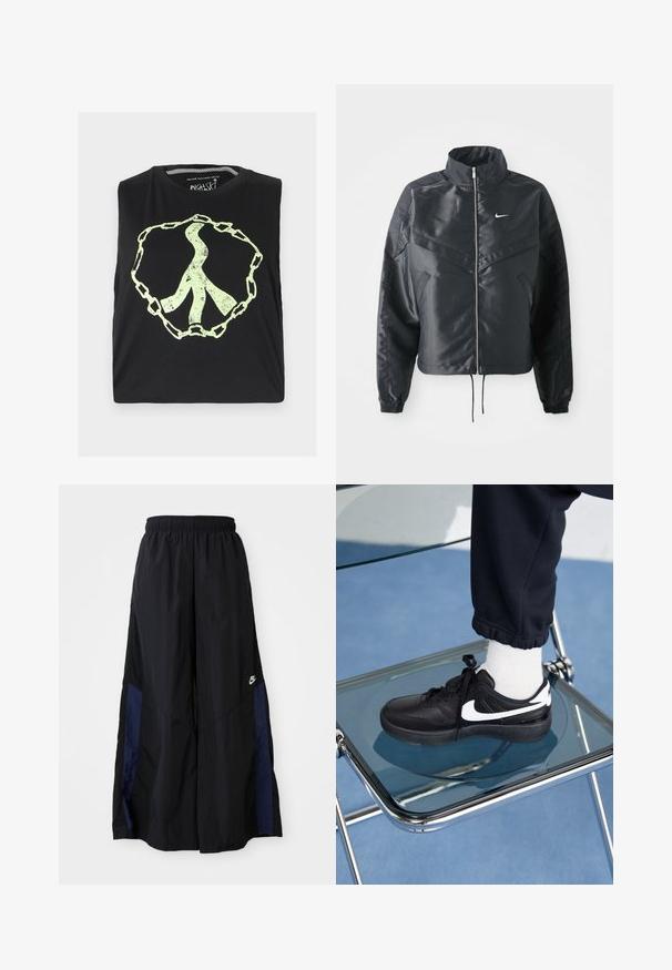 Chaqueta negra corta con cuello alto, cierre de cremallera, puños de elastano y un logo de Nike en blanco. Tejido suave y brillante con una superficie ligeramente texturizada.; Camiseta negra sin mangas con un gran símbolo de paz verde claro desgastado, rodeado por un diseño de cadenas. Fabricada en suave tela de algodón.; Pantalones de pierna ancha negros, confeccionados en una tela ligera, con un panel lateral azul marino y una cinturilla elástica. Logotipo blanco pequeño en la parte inferior.; Zapatillas Nike negras con acentos blancos, con una textura de cuero suave, diseño de cordones y punta redondeada, colocadas sobre una silla de cristal.