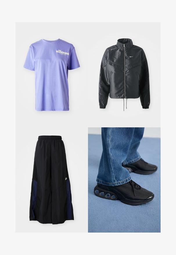 Casaco preto curto com colarinho alto, fecho de zip, punhos em elastano e um logótipo Nike branco. Tecido suave e brilhante com uma superfície ligeiramente texturizada.; T-shirt de algodão roxo com decote redondo, mangas curtas e texto do logótipo "ellesse" em branco impresso à frente. Textura suave.; Calças largas pretas feitas de tecido leve, com um painel lateral azul-marinho e cintura elástica. Pequeno logótipo branco na parte inferior.; Ténis atléticos pretos com parte superior em malha, detalhes texturizados e almofadas de amortecimento de ar visíveis na sola. Usados com uns jeans de ganga azuis.