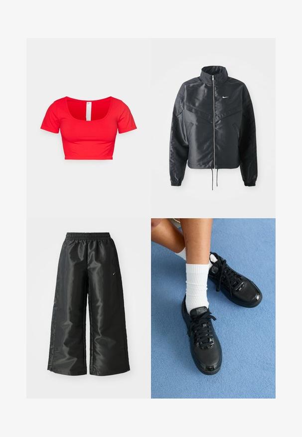 Čierna skrátená bunda s vysokým golierom, zipsovým uzatváraním, elastickými manžetami a bielym logom Nike. Hladká, lesklá tkanina s mierne textúrovaným povrchom.; Červené skrátené tričko s krátkymi rukávmi, s okrúhlym výstrihom a hladkým, elastickým materiálom. Jednoduchý dizajn bez vzorov či ozdobných prvkov.; Čierne športové nohavice s lesklým, hladkým materiálom, ktoré majú elastický pás, široké nohavice a malé logo na ľavej strane.; Čierne tenisky Nike majú štruktúrovaný zvršok, lesklé akcenty a okrúhle šnúrky. Sú skombinované s bielymi rebrovanými ponožkami na svetlomodrom povrchu.