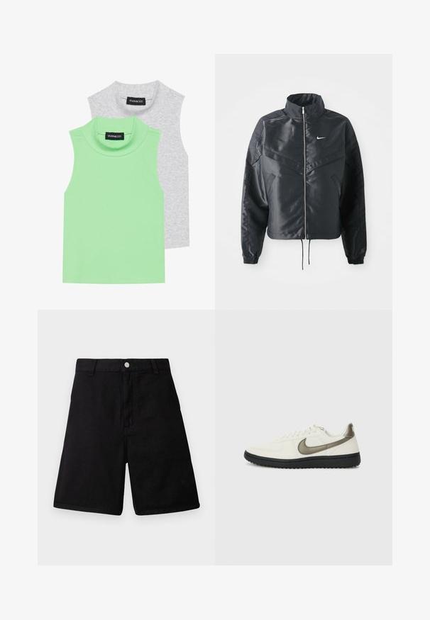 Fekete, rövidített dzseki magas gallérral, cipzáras záródással, elasztikus mandzsettákkal, és fehér Nike logóval. Simább, fényes anyag, enyhén textúrázott felülettel.; Két ujj nélküli garbó: az egyik világoszöld bordázott anyagból, a másik szürkéből készült, egyenes vonalú szabással és lágy, sima felülettel.; Fekete nadrág, strapabíró szövetből készült, egyenes szabású dizájnnal, elülső zsebekkel, cipzáros sliccel és fémből készült gombos záródással.; Nike Sportswear FIELD GENERAL - Sportcipő - off-white/black