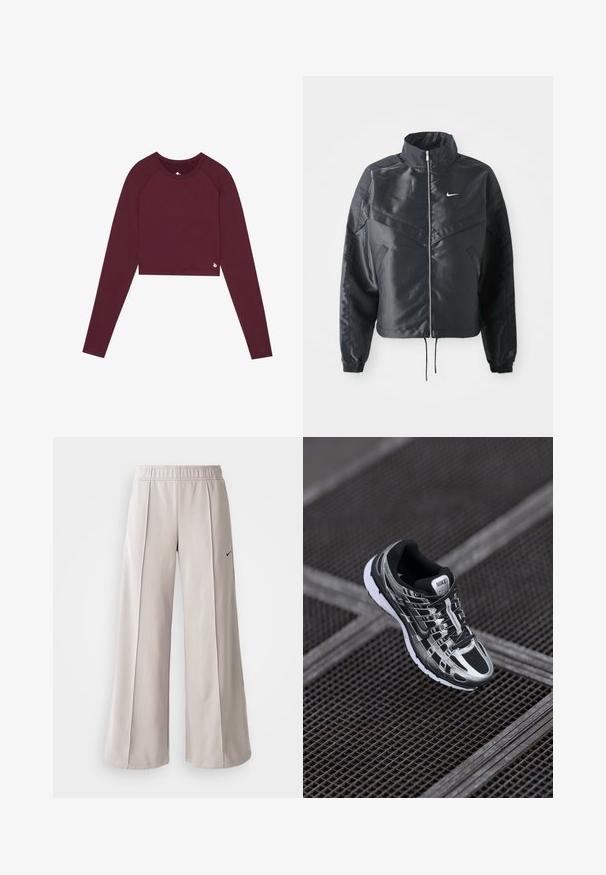 Schwarze, verkürzte Jacke mit hohem Kragen, Reißverschluss, Elastan-Ärmeln und einem weißen Nike-Logo. Glattes, glänzendes Material mit leicht strukturiertem Oberflächeneffekt.; Burgunderfarbener Langarm-Cropped-Top mit Rundhalsausschnitt, enganliegendem Design und minimalem Branding-Detail am Saum. Glatte Textur und dehnbare Stoffqualität.; Helle graue, weit geschnittene Hose aus glattem Stoff. Mit einem elastischen Bund und dem schwarzen Nike-Logo auf der linken Seite.; Nike-Laufschuh mit einem schwarz-silbernen Farbschema, Mesh-Obermaterial, strukturiertem Sohle und Schnürsystem für einen sicheren Sitz.