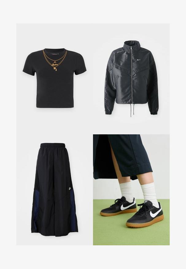 Melna apgriezta jaka ar augstu apkakli, rāvējslēdzēja aizdari, elastīna aprocēm un baltu Nike logo. Gluda, spīdīga auduma ar nedaudz teksturētu virsmu.; Melna kokvilnas T-kreklu ar apaļu kaklu, īsām piedurknēm un zelta ķēdes dizainu ar uzrakstiem "Jordan" un "MJ".; Melni plata kāju bikses no viegla auduma, ar tumši zilu sānu paneli un elastīgu jostu. Mazs balts logotips apakšā.; Melna āda un sintētiska materiāla sporta apavi ar baltu Nike logo, gumijas zole, apaļa purngala forma un melni šņores. Redzamas ribotas baltas zeķes.
