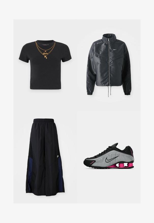 Casaco preto curto com colarinho alto, fecho de zip, punhos em elastano e um logótipo Nike branco. Tecido suave e brilhante com uma superfície ligeiramente texturizada.; T-shirt de algodão preto com decote redondo, mangas curtas e desenhos de correntes douradas com os textos "Jordan" e "MJ".; Calças largas pretas feitas de tecido leve, com um painel lateral azul-marinho e cintura elástica. Pequeno logótipo branco na parte inferior.; Sapatilha de corrida Nike preta e cinza com atacadores pretos e saltos em forma de mola rosa, mostrada do lado interno sobre um fundo branco.