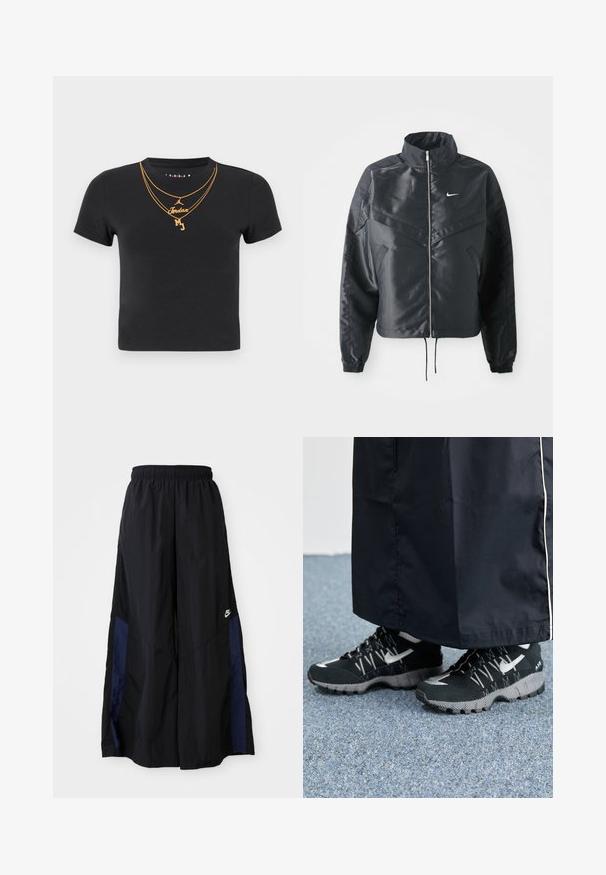 Black cropped jacket with high collar, zip closure, elastane cuffs, and a white Nike logo. Smooth, shiny fabric with a slightly textured surface.; Black cotton t-shirt featuring a crew neck, short sleeves, and gold chain designs with "Jordan" and "MJ" text embellishments.; Black wide-leg pants made of lightweight fabric, featuring a navy blue side panel and an elastic waistband. Small white logo on bottom.; Black athletic shoes with a textured upper, silver accents, and a patterned outsole, paired with a black long garment. Set against blue carpet.