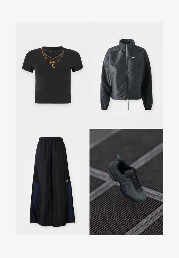 Black cropped jacket with high collar, zip closure, elastane cuffs, and a white Nike logo. Smooth, shiny fabric with a slightly textured surface.; Black cotton t-shirt featuring a crew neck, short sleeves, and gold chain designs with "Jordan" and "MJ" text embellishments.; Black wide-leg pants made of lightweight fabric, featuring a navy blue side panel and an elastic waistband. Small white logo on bottom.; Dark green and black Nike Air sneaker floating above a metal grid floor, showcasing its side and top design details.