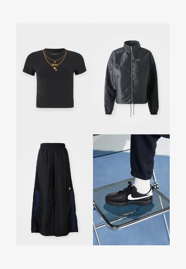 Chaqueta negra corta con cuello alto, cierre de cremallera, puños de elastano y un logo de Nike en blanco. Tejido suave y brillante con una superficie ligeramente texturizada.; Camiseta de algodón negra con cuello redondo, mangas cortas y diseños de cadenas doradas con adornos de texto "Jordan" y "MJ".; Pantalones de pierna ancha negros, confeccionados en una tela ligera, con un panel lateral azul marino y una cinturilla elástica. Logotipo blanco pequeño en la parte inferior.; Zapatillas Nike negras con acentos blancos, con una textura de cuero suave, diseño de cordones y punta redondeada, colocadas sobre una silla de cristal.