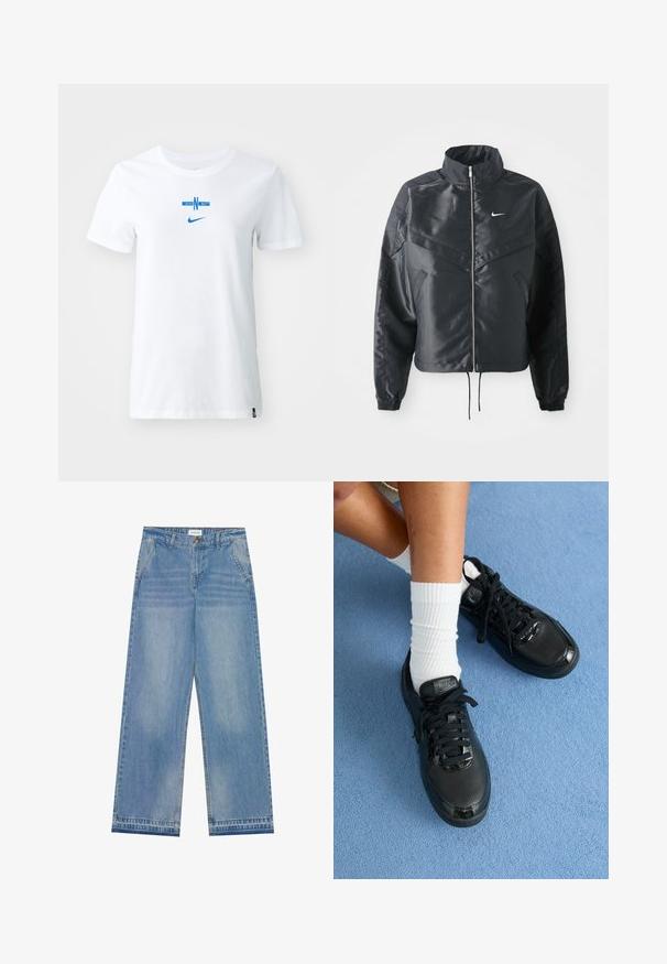 Sort cropped jakke med høj krave, lynlås lukning, elastiske manchetter og et hvidt Nike-logo. Glat, blankt stof med en let struktureret overflade.; Hvid bomulds t-shirt med et blåt grafik, der viser "ENG" og et horisontalt designelement, samt et blåt Nike-logo på forsiden.; Lyseblå denimwide-leg jeans med høj talje, der har forlommer og knaplukning, afsluttet med en rå kant.; Sorte Nike sneakers har en struktureret overdel, blanke detaljer og runde snørebånd. De er parret med hvide ribbede sokker på en lyseblå overflade.