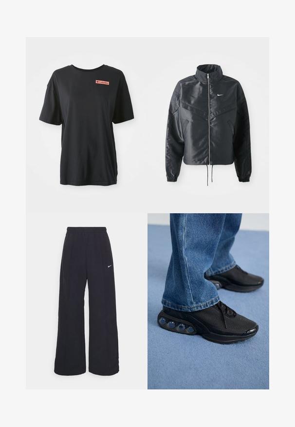 Čierna skrátená bunda s vysokým golierom, zipsovým uzatváraním, elastickými manžetami a bielym logom Nike. Hladká, lesklá tkanina s mierne textúrovaným povrchom.; Čierne bavlnené tričko s krátkymi rukávmi, voľný strih a červeným obdĺžnikovým logom na ľavej strane hrude. Hladká textúra a jednoduchý dizajn.; Čierne široké nohavice s elastickým pásom a malým bielym logom Nike. Tkanina má hladkú textúru, navrhnutá pre pohodlie a neformálne nosenie.; Čierne atletické tenisky s vrchným materiálom z elastického sieťového textilu, s textúrovanými akcentmi a viditeľnými vzduchovými podložkami v podrážke. Nosené s modrými džínsami.