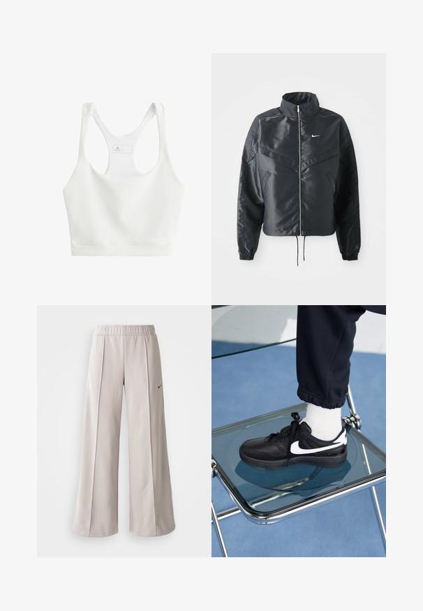 Giacca nera cropped con colletto alto, chiusura a zip, polsini in elastan e logo Nike bianco. Tessuto liscio e lucido con una superficie leggermente texturizzata.; Top sportivo bianco a coste con scollo rotondo, bretelle larghe e design aderente. Presenta un'etichetta del marchio all'interno nella parte posteriore.; Pantaloni ampi grigio chiaro realizzati in tessuto liscio. Presentano una vita elastica e il logo Nike nero sul lato sinistro.; Sneakers Nike neri con accenti bianchi, caratterizzati da una superficie in pelle liscia, design con lacci e punta rotonda, posizionati su una sedia di vetro.