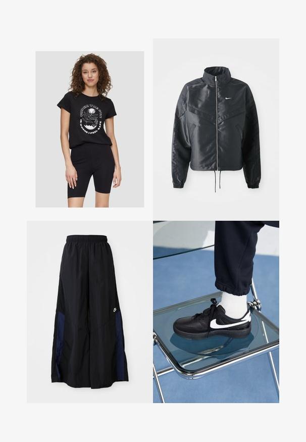 Zwarte cropped jack met hoge kraag, ritsluiting, elastische manchetten en een wit Nike-logo. Glad, glanzend materiaal met een licht gestructureerd oppervlak.; Zwarte katoenen T-shirt met korte mouwen en een ronde halslijn, met witte grafische tekst en botanische ontwerpen op de voorkant.; Zwarte wijdlopende broek van lichtgewicht stof, met een marineblauwe zijpaneel en een elastische tailleband. Klein wit logo onderaan.; Zwarte Nike sneakers met witte accenten, met een gladde leren textuur, vetersluiting en ronde neus, geplaatst op een glazen stoel.