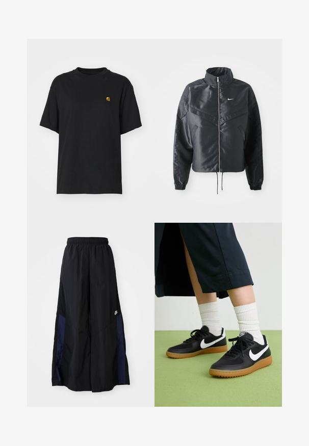 Zwarte cropped jack met hoge kraag, ritsluiting, elastische manchetten en een wit Nike-logo. Glad, glanzend materiaal met een licht gestructureerd oppervlak.; Zwarte katoenen t-shirt met een relaxte pasvorm. Heeft een ronde hals en korte mouwen. Bevat een klein goud geborduurd logo op de borst.; Zwarte wijdlopende broek van lichtgewicht stof, met een marineblauwe zijpaneel en een elastische tailleband. Klein wit logo onderaan.; Zwarte leren en synthetische sneakers met witte Nike swoosh, rubberen gumzool, ronde neus en zwarte veters. Geribbelde witte sokken zichtbaar.