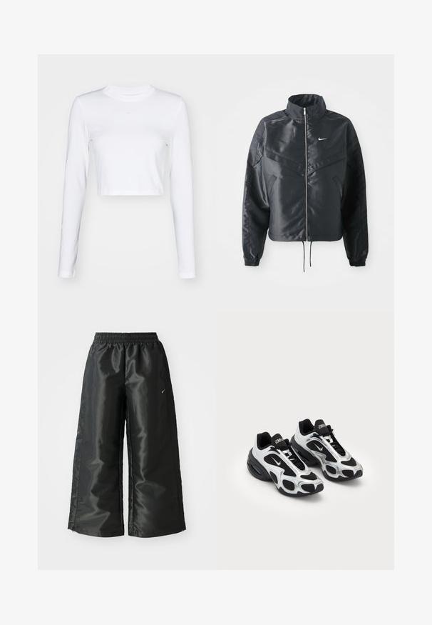 Melna apgriezta jaka ar augstu apkakli, rāvējslēdzēja aizdari, elastīna aprocēm un baltu Nike logo. Gluda, spīdīga auduma ar nedaudz teksturētu virsmu.; Nike Sportswear Tops ar garām piedurknēm - white; Melnas sporta bikses ar spīdīgu, gludu audumu, aprīkotas ar elastīgu jostu, platām kājām un mazu logotipu kreisajā pusē.; Melnas un sudraba krāsas sporta kurpes ar sietiņu un sintētisku virsu, izceļoties ar izteiktu viļņotu dizainu un mīkstinātu apkaklīti, kā arī gaisa amortizāciju zole.