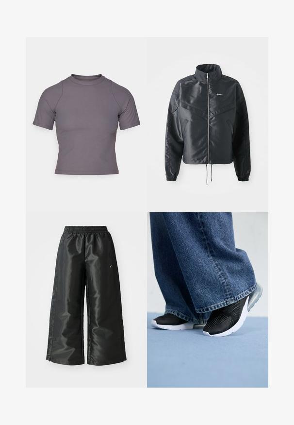 Melna apgriezta jaka ar augstu apkakli, rāvējslēdzēja aizdari, elastīna aprocēm un baltu Nike logo. Gluda, spīdīga auduma ar nedaudz teksturētu virsmu.; Kratka piedurkņu augsta kakla blūze riboto pelēko audumu. Pieguļošs dizains ar plakaniem šuvēm un gludu tekstūru. Nav rakstu vai grafikas.; Melnas sporta bikses ar spīdīgu, gludu audumu, aprīkotas ar elastīgu jostu, platām kājām un mazu logotipu kreisajā pusē.; Melni sporta apavi ar sietiņu detaļām, baltu zoli un redzamu gaisa amortizāciju, saskaņoti ar zilu džinsiem ar platajiem galiem.
