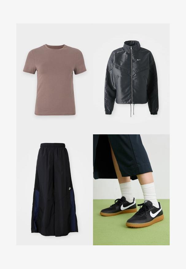 Juoda trumpa striukė su aukštu coloru, užtrauktuku, elastaniniu rankogaliu ir balta Nike logotipu. Lygus, blizgus audinys su šiek tiek tekstūruotu paviršiumi.; Trumpas rankovėmis marškinėliai subtilios rudos spalvos, pagaminti iš lygios medvilnės, su klasikiniu apvaliu iškirpimu ir minimaliais siūlių akcentais.; Juodos plačios kojų kelnės, pagamintos iš lengvos medžiagos, su tamsiai mėlyna šonine juostele ir elastinga juosmens juosta. Maža balta logotipo etikete apačioje.; Juodos odinės ir sintetinių medžiagų sportbačiai su balta Nike swoosh, guminis padas, apvalus pirštas ir juodi raišteliai. Matomos banguotos baltos kojinės.