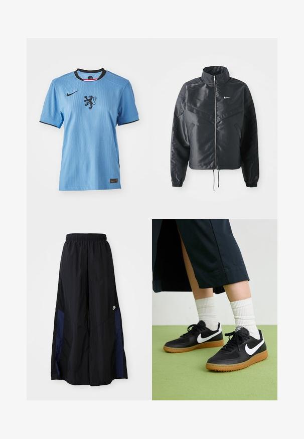 Črna skrajšana jakna z visokim ovratnikom, zadrgo, elastan rokavi in belim logotipom Nike. Gladek, sijoč material z rahlo teksturirano površino.; Svetlo modra Nike majica s kratkimi rokavi, črn ovratnik in grafika leva na sredini. Tekstilirana tkanina z rahlimi rebrastimi detajli.; Črne široke hlače iz lahkega materiala, z morsko modrim stranskim panelom in elastičnim pasom. Majhna bela oznaka na dnu.; Črne usnjene in sintetične superge z belim Nike swooshom, gumo na podplatu, okroglo konico ter črnimi vezalkami. Vidne so rebraste bele nogavice.