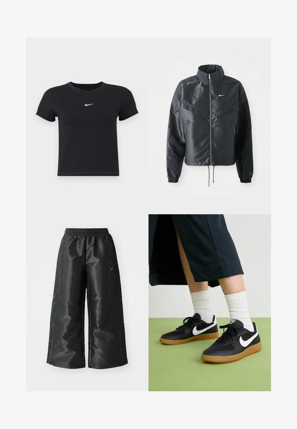 Černá zkrácená bunda s vysokým límcem, zipovým zapínáním, elastickými manžetami a bílým logem Nike. Hladká, lesklá látka s mírně strukturovaným povrchem.; Černé tričko s krátkým rukávem vyrobené z bavlny s kulatým výstřihem. Na hrudi se nachází bílé logo Nike, minimalistický design a přiléhavý střih.; Černé sportovní kalhoty z lesklé, hladké látky, s elastickým páskem, širokými nohavicemi a malým logem na levé straně.; Černé kožené a syntetické tenisky s bílým logem Nike, gumovou podrážkou, kulatou špičkou a černými tkaničkami. Viditelné žebrované bílé ponožky.