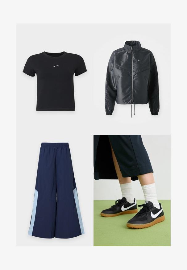 Casaco preto curto com colarinho alto, fecho de zip, punhos em elastano e um logótipo Nike branco. Tecido suave e brilhante com uma superfície ligeiramente texturizada.; T-shirt preta de manga curta feita de algodão, com decote redondo. Apresenta um logótipo branco da Nike no peito, design minimalista e corte ajustado.; Calças largas de marinha com cintura elástica, apresentando painéis laterais em azul claro e uma textura suave. Projetadas para conforto e facilidade de movimento.; Sapatilhas pretas em couro e sintético com o logo da Nike em branco, sola de borracha tipo goma, bico redondo e atacadores pretos. Meias brancas com frunces visíveis.
