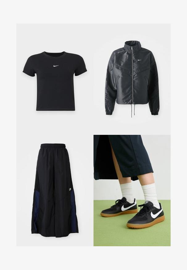 Čierna skrátená bunda s vysokým golierom, zipsovým uzatváraním, elastickými manžetami a bielym logom Nike. Hladká, lesklá tkanina s mierne textúrovaným povrchom.; Čierne tričko s krátkym rukávom vyrobené z bavlny s okrúhlym výstrihom. Obsahuje biele logo Nike na hrudi, minimalistický dizajn a priliehavý strih.; Čierne voľné nohavice vyrobené z ľahkého materiálu, s námorníckym modrým postranným panelom a elastickým pásom. Malé biele logo na spodnej časti.; Čierne kožené a syntetické tenisky so bielym logom Nike, gumenou podrážkou, okrúhlou špičkou a čiernymi šnúrkami. Viditeľné biele pruhované ponožky.