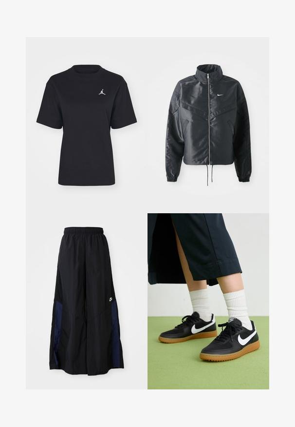 Giacca nera cropped con colletto alto, chiusura a zip, polsini in elastan e logo Nike bianco. Tessuto liscio e lucido con una superficie leggermente texturizzata.; Maglietta in cotone nera con scollo rotondo e maniche corte. Presenta un logo Jumpman bianco sul lato sinistro del petto. Tessuto liscio, vestibilità regolare.; Pantaloni neri a gamba larga realizzati in tessuto leggero, con un pannello laterale blu navy e una cintura elastica. Piccolo logo bianco sul fondo.; Sneaker in pelle nera e sintetica con logo Nike bianco, suola in gomma, punta rotonda e lacci neri. Calze bianche a righe visibili.
