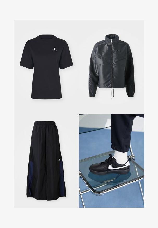 Black cropped jacket with high collar, zip closure, elastane cuffs, and a white Nike logo. Smooth, shiny fabric with a slightly textured surface.; Black cotton t-shirt with a round neck and short sleeves. Features a white Jumpman logo on the left chest. Smooth texture, regular fit.; Black wide-leg pants made of lightweight fabric, featuring a navy blue side panel and an elastic waistband. Small white logo on bottom.; Black Nike sneakers with white accents, featuring a smooth leather texture, lace-up design, and rounded toe, positioned on a glass chair.