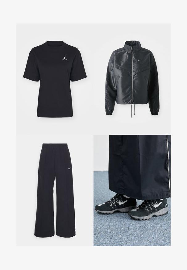 Zwarte cropped jack met hoge kraag, ritsluiting, elastische manchetten en een wit Nike-logo. Glad, glanzend materiaal met een licht gestructureerd oppervlak.; Zwarte katoenen T-shirt met een ronde hals en korte mouwen. Heeft een wit Jumpman-logo op de linkerborst. Soepele textuur, normale pasvorm.; Zwarte wijde broek met een elastische tailleband en een klein wit Nike-logo. De stof heeft een soepele textuur, ontworpen voor comfort en casual gebruik.; Zwarte atletische schoenen met een gestructureerde bovenkant, zilveren accenten en een gestippelde loopzool, gecombineerd met een zwart lang kledingstuk. Geplaatst op een blauwe vloerbedekking.