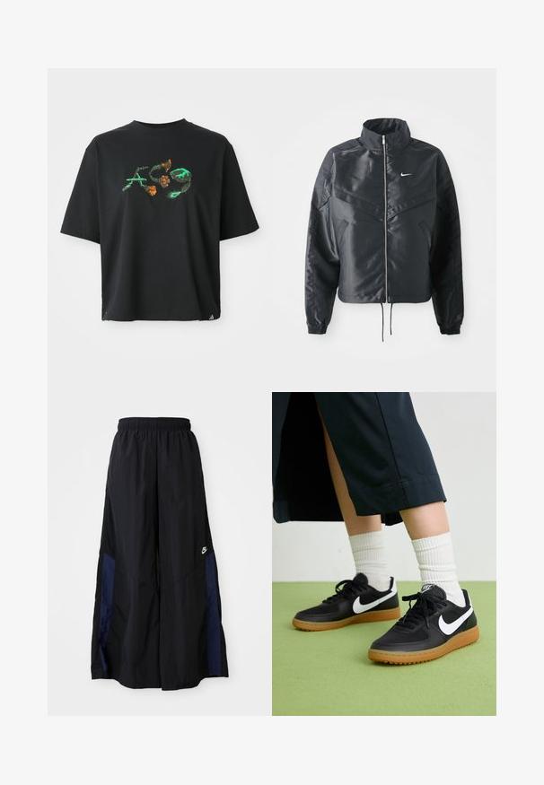 Juoda trumpa striukė su aukštu coloru, užtrauktuku, elastaniniu rankogaliu ir balta Nike logotipu. Lygus, blizgus audinys su šiek tiek tekstūruotu paviršiumi.; Juodas medvilnės marškinėliai su laisvu fasonu. Priekyje yra spalvingas grafikos dizainas žalia ir oranžine spalvomis. Trumpomis rankovėmis, apvaliu iškirpimu.; Juodos plačios kojų kelnės, pagamintos iš lengvos medžiagos, su tamsiai mėlyna šonine juostele ir elastinga juosmens juosta. Maža balta logotipo etikete apačioje.; Juodos odinės ir sintetinių medžiagų sportbačiai su balta Nike swoosh, guminis padas, apvalus pirštas ir juodi raišteliai. Matomos banguotos baltos kojinės.