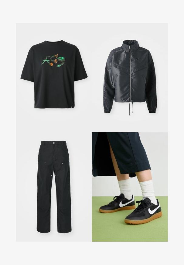 Svart cropped jakke med høy krage, glidelåsåpning, elastiske mansjetter og en hvit Nike-logo. Glatt, shiny stoff med en lett teksturert overflate.; Svart bomull T-skjorte med en avslappet passform. Har et fargerikt grafisk design i grønn og oransje på fronten. Korte ermer, rund hals.; Svarte bukser med rett ben-design, laget av et strukturert stoff. Har dekorativt sølvtilbehør og unike sømdetaljer.; Sorte lær- og syntetiske joggesko med hvit Nike swoosh, gummisåle, rund tå og sorte lisser. Ribbet hvite sokker synlige.