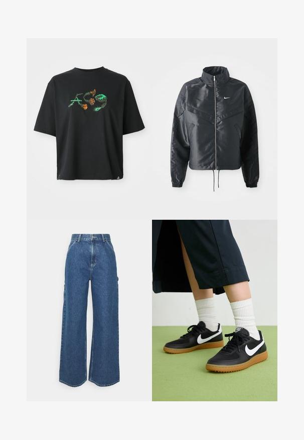 Svart cropped jakke med høy krage, glidelåsåpning, elastiske mansjetter og en hvit Nike-logo. Glatt, shiny stoff med en lett teksturert overflate.; Svart bomull T-skjorte med en avslappet passform. Har et fargerikt grafisk design i grønn og oransje på fronten. Korte ermer, rund hals.; Videbeinete blå denimbukser med høy midje, kontraststing, og sidelommer, med et klassisk fem-lommers design og rå kanter.; Sorte lær- og syntetiske joggesko med hvit Nike swoosh, gummisåle, rund tå og sorte lisser. Ribbet hvite sokker synlige.