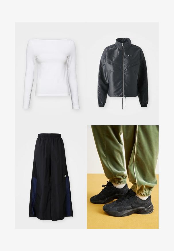 Fekete, rövidített dzseki magas gallérral, cipzáras záródással, elasztikus mandzsettákkal, és fehér Nike logóval. Simább, fényes anyag, enyhén textúrázott felülettel.; Fehér, hosszú ujjú póló négyzetes kivágással, testhezálló fazonban, puha pamutból készült. Simaszerkezet, minták vagy díszítések nélkül.; Fekete, bő szárú nadrág könnyű anyagból, tengerészkék oldalsó panellel és elasztikus derékkal. Kicsi fehér logó az alján.; Fekete sportcipők hálós és szintetikus borítással, texturált talppal, zöld, rugalmas mandzsettájú melegítőnadrággal, sárga felületen.