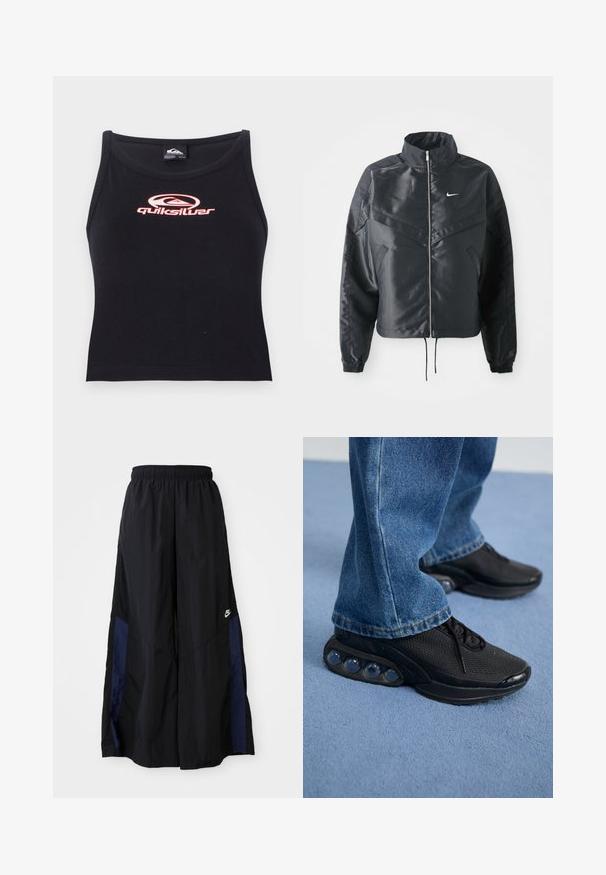 Giacca nera cropped con colletto alto, chiusura a zip, polsini in elastan e logo Nike bianco. Tessuto liscio e lucido con una superficie leggermente texturizzata.; Top corto senza maniche nero realizzato in morbido tessuto, con un logo Quiksilver rosa centrato sul petto. Design semplice con scollo rotondo.; Pantaloni neri a gamba larga realizzati in tessuto leggero, con un pannello laterale blu navy e una cintura elastica. Piccolo logo bianco sul fondo.; Scarpe da ginnastica nere con tomaia in rete, dettagli testurizzati e pod di ammortizzazione visibili nella suola. Indossate con jeans in denim blu.