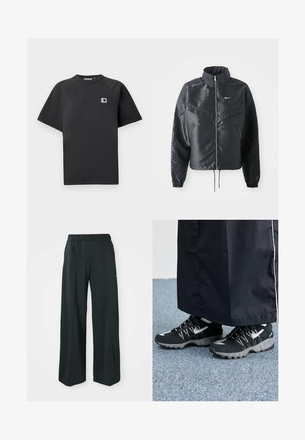 Čierna skrátená bunda s vysokým golierom, zipsovým uzatváraním, elastickými manžetami a bielym logom Nike. Hladká, lesklá tkanina s mierne textúrovaným povrchom.; Čierne bavlnené tričko s okrúhlym výstrihom, krátkymi rukávmi a obdĺžnikovou nášivkou loga na ľavej strane hrude.; Čierne, široké športové nohavice s elastickým pásom. Vyrobené z hladkej, pružnej tkaniny, s jemnými prednými švami a bez vreciek.; Čierne športové topánky s textúrovaným vrchom, striebornými akcentmi a vzorovanou podrážkou, skombinované s čiernym dlhým odevom. Umiestené na modrom koberci.