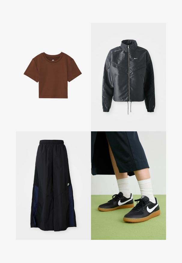 Juoda trumpa striukė su aukštu coloru, užtrauktuku, elastaniniu rankogaliu ir balta Nike logotipu. Lygus, blizgus audinys su šiek tiek tekstūruotu paviršiumi.; Raudonas trumpų rankovių apkarpytas marškinėliai, pagaminti iš minkštos medžiagos, su apvalia iškirpte ir švariu siuvimu be raštų ar akcentų.; Juodos plačios kojų kelnės, pagamintos iš lengvos medžiagos, su tamsiai mėlyna šonine juostele ir elastinga juosmens juosta. Maža balta logotipo etikete apačioje.; Juodos odinės ir sintetinių medžiagų sportbačiai su balta Nike swoosh, guminis padas, apvalus pirštas ir juodi raišteliai. Matomos banguotos baltos kojinės.