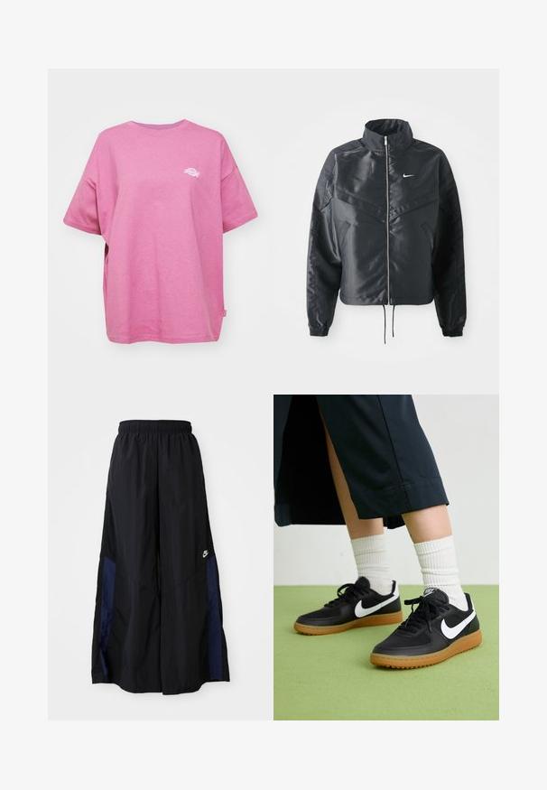 Black cropped jacket with high collar, zip closure, elastane cuffs, and a white Nike logo. Smooth, shiny fabric with a slightly textured surface.; Dickies SUMMERDALE TEE - Basic T-shirt - mellow mauve; Black wide-leg pants made of lightweight fabric, featuring a navy blue side panel and an elastic waistband. Small white logo on bottom.; Black leather and synthetic sneakers with white Nike swoosh, rubber gum sole, round toe, and black laces. Ribbed white socks visible.