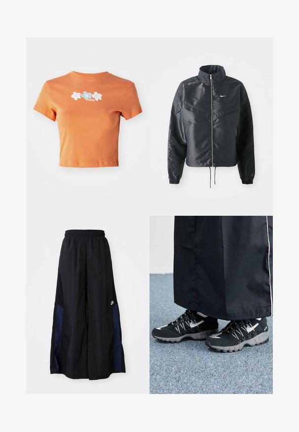 Black cropped jacket with high collar, zip closure, elastane cuffs, and a white Nike logo. Smooth, shiny fabric with a slightly textured surface.; Cropped orange t-shirt made of cotton with short sleeves, featuring white and light blue embroidered flowers across the front.; Black wide-leg pants made of lightweight fabric, featuring a navy blue side panel and an elastic waistband. Small white logo on bottom.; Black athletic shoes with a textured upper, silver accents, and a patterned outsole, paired with a black long garment. Set against blue carpet.