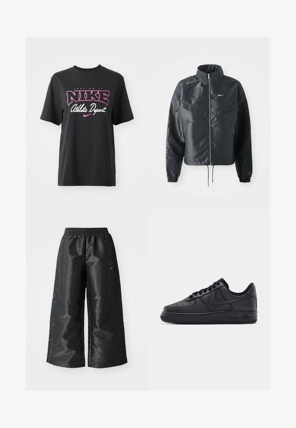 Svart cropped jakke med høy krage, glidelåsåpning, elastiske mansjetter og en hvit Nike-logo. Glatt, shiny stoff med en lett teksturert overflate.; Svart bomulls T-skjorte med grafisk trykk i rosa og hvitt med teksten "JUST DO IT," "NIKE," og "Athletic Depart." Standard passform.; Svarte treningsbukser med en blank, glatt stoff, som har et elastisk liv, vide ben og en liten logo på venstre side.; Sorte lær sneakers med perforert tåboks, flate lisser og gummisåle. Har en liten logo på siden og teksturert detaljering.
