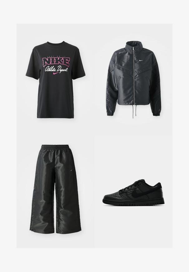 Casaco preto curto com colarinho alto, fecho de zip, punhos em elastano e um logótipo Nike branco. Tecido suave e brilhante com uma superfície ligeiramente texturizada.; T-shirt de algodão preto com impressão gráfica em rosa e branco com o texto "FAÇA ACONTECER", "NIKE" e "Departamento Atlético". Corte standard.; Calças atléticas pretas com um tecido brilhante e suave, apresentando uma cintura elástica, pernas largas e um pequeno logotipo do lado esquerdo.; Sapatilhas pretas da Nike com um design texturizado inspirado em répteis, um colar acolchoado e uma sola de borracha com padrões circulares.