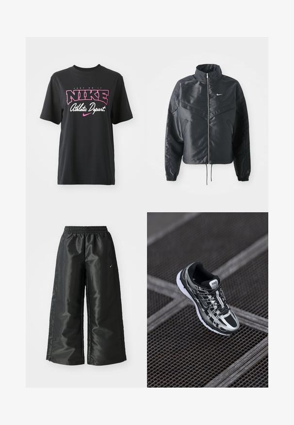 Svart cropped jakke med høy krage, glidelåsåpning, elastiske mansjetter og en hvit Nike-logo. Glatt, shiny stoff med en lett teksturert overflate.; Svart bomulls T-skjorte med grafisk trykk i rosa og hvitt med teksten "JUST DO IT," "NIKE," og "Athletic Depart." Standard passform.; Svarte treningsbukser med en blank, glatt stoff, som har et elastisk liv, vide ben og en liten logo på venstre side.; Nike løpesko med svart og sølv fargepalett, mesh-overdel, teksturert såle og snøring for en sikker passform.