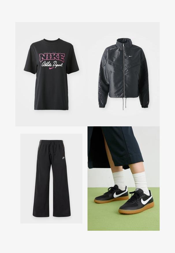 Černá zkrácená bunda s vysokým límcem, zipovým zapínáním, elastickými manžetami a bílým logem Nike. Hladká, lesklá látka s mírně strukturovaným povrchem.; Černé bavlněné tričko s grafickým potiskem v růžové a bílé barvě, se sloganem "JUST DO IT", "NIKE" a "Athletic Depart." Standardní střih.; Černé tepláky vyrobené z měkké látky, s elastickým pasem a stahovací šňůrou, bočními pruhy a malým logem na levé přední straně.; Černé kožené a syntetické tenisky s bílým logem Nike, gumovou podrážkou, kulatou špičkou a černými tkaničkami. Viditelné žebrované bílé ponožky.