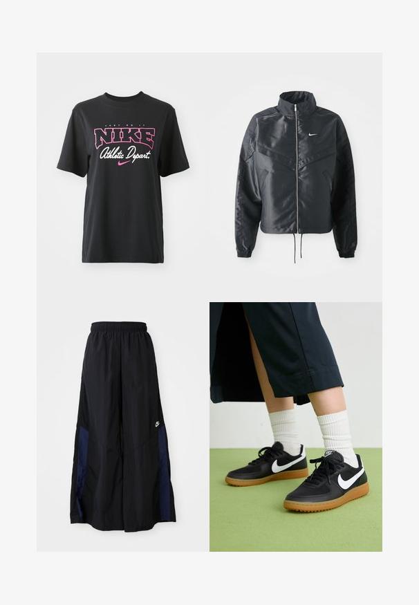 Black cropped jacket with high collar, zip closure, elastane cuffs, and a white Nike logo. Smooth, shiny fabric with a slightly textured surface.; Black cotton T-shirt featuring a graphic print in pink and white with the text "JUST DO IT," "NIKE," and "Athletic Depart." Standard fit.; Black wide-leg pants made of lightweight fabric, featuring a navy blue side panel and an elastic waistband. Small white logo on bottom.; Black leather and synthetic sneakers with white Nike swoosh, rubber gum sole, round toe, and black laces. Ribbed white socks visible.