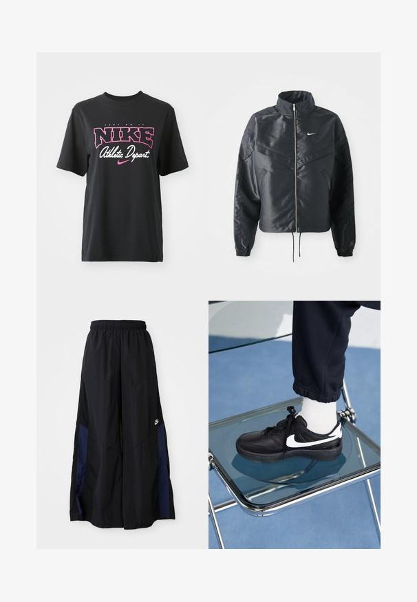 Black cropped jacket with high collar, zip closure, elastane cuffs, and a white Nike logo. Smooth, shiny fabric with a slightly textured surface.; Black cotton T-shirt featuring a graphic print in pink and white with the text "JUST DO IT," "NIKE," and "Athletic Depart." Standard fit.; Black wide-leg pants made of lightweight fabric, featuring a navy blue side panel and an elastic waistband. Small white logo on bottom.; Black Nike sneakers with white accents, featuring a smooth leather texture, lace-up design, and rounded toe, positioned on a glass chair.