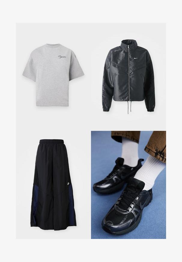Sort cropped jakke med høj krave, lynlås lukning, elastiske manchetter og et hvidt Nike-logo. Glat, blankt stof med en let struktureret overflade.; Grå oversized t-shirt lavet af bomuld, med rund hals, korte ærmer og et mørkeblåt logo på øverste venstre side.; Sorte vide benbukser lavet af letvægtsstof, med et marineblåt sidepanel og en elastisk talje. Lille hvidt logo nederst.; Sorte Nike sportssko har en mesh-overdel med blanke detaljer, sorte snørebånd og en struktureret sål. Sammen med hvide ribbet sokker.