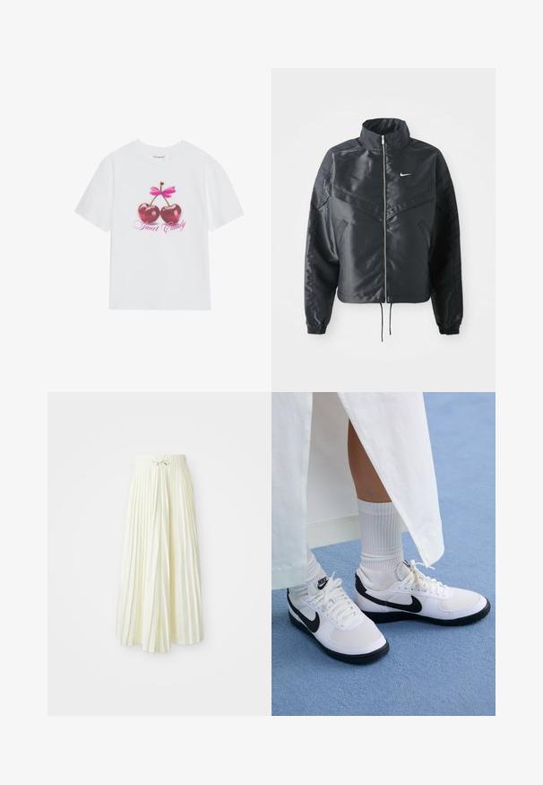 Black cropped jacket with high collar, zip closure, elastane cuffs, and a white Nike logo. Smooth, shiny fabric with a slightly textured surface.; White cotton t-shirt featuring a graphic design of two glossy red cherries with a pink bow above and the text "Sweet Candy" in pink.; Pleated midi skirt in light yellow fabric, featuring an elastic waistband with a tie, smooth texture, and vertical stripes for added detail.; White Nike sneakers with black accents, featuring a smooth leather upper, white laces, and sturdy rubber outsoles, paired with white ribbed socks.