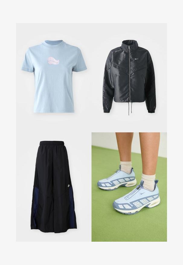Must kolledžiga must lühike jope, millel on lukuga sulgus, elastne mansett ja valge Nike logo. Sile, läikiv kangas, millel on veidi tekstureeritud pind.; Hele helesin vet colorit puhtast puuvillast t-särk lühikeste varrukatega ning kõrge kaelusega, mille esiküljel on väike roosa tikitud kestade disain.; Mustad laiad mustad püksid kergest kangast, millel on tumesinine külgpaneel ja elastne vöökoht. Väike valge logo allservas.; Heledad sinised spordijalatsid valgete detailidega, tekstuuriga paneelid ja tõmblukk. Omab nähtavat õhuklotsiga tallat ja kummist välispinda.