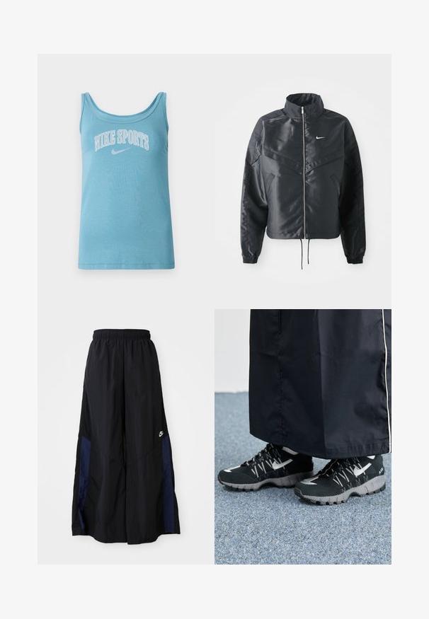 Casaco preto curto com colarinho alto, fecho de zip, punhos em elastano e um logótipo Nike branco. Tecido suave e brilhante com uma superfície ligeiramente texturizada.; Top desportivo azul claro, com decote largo em formato de barco, sem mangas, e a inscrição "NIKE SPORTS" em branco na parte frontal. Material de algodão suave.; Calças largas pretas feitas de tecido leve, com um painel lateral azul-marinho e cintura elástica. Pequeno logótipo branco na parte inferior.; Tênis atléticos pretos com um cabedal texturizado, detalhes prateados e um solado estampado, combinados com uma peça longa preta. Ambientado sobre um tapete azul.