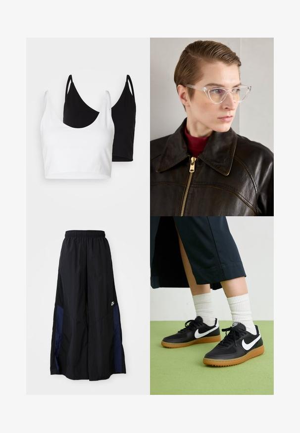 Schwarze, verkürzte Jacke mit hohem Kragen, Reißverschluss, Elastan-Ärmeln und einem weißen Nike-Logo. Glattes, glänzendes Material mit leicht strukturiertem Oberflächeneffekt.; Zwei Baumwoll-Crop-Tops in Weiß und Schwarz. Jedes hat einen tiefen Ausschnitt und dünne Träger und verfügt über eine glatte, weiche Textur.; Schwarze weit geschnittene Hose aus leichtem Stoff, mit einem dunkelblauen Seitenpanel und einem elastischen Bund. Kleines weißes Logo am unteren Ende.; Schwarze Leder- und synthetische Sneakers mit weißem Nike-Swoosh, Gummisohle, runder Spitze und schwarzen Schnürsenkeln. Gestreifte weiße Socken sind sichtbar.; Klarer Acetat Cat-Eye-Brillen mit gelb getönten Gläsern, getragen von einer Person in einer dunklen Lederjacke und rotem Rollkragenpullover. Glatte Textur.