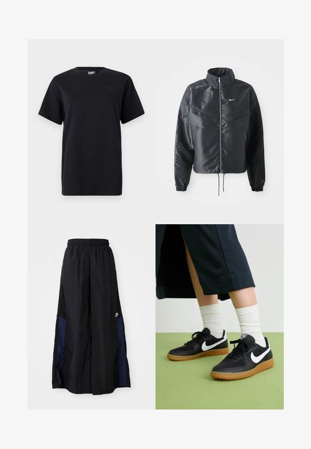 Černá zkrácená bunda s vysokým límcem, zipovým zapínáním, elastickými manžetami a bílým logem Nike. Hladká, lesklá látka s mírně strukturovaným povrchem.; Černé bavlněné tričko s kulatým výstřihem, krátkými rukávy a jemným logem na levé hrudi. Hladká textura a pohodlný střih.; Černé kalhoty širokého střihu vyrobené z lehkého materiálu, s námořnickou modrou bočním panelem a elastickým pasem. Malé bílé logo na spodní části.; Černé kožené a syntetické tenisky s bílým logem Nike, gumovou podrážkou, kulatou špičkou a černými tkaničkami. Viditelné žebrované bílé ponožky.