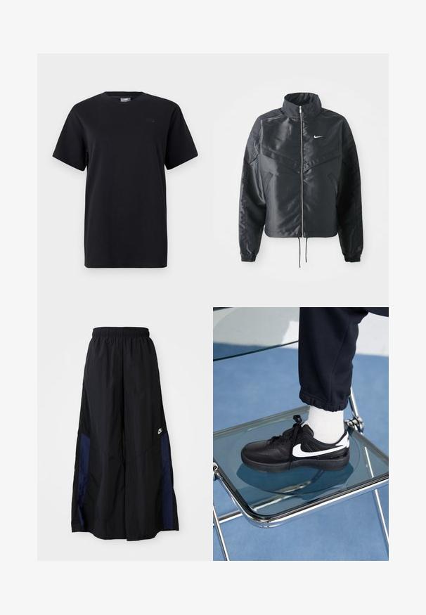 Černá zkrácená bunda s vysokým límcem, zipovým zapínáním, elastickými manžetami a bílým logem Nike. Hladká, lesklá látka s mírně strukturovaným povrchem.; Černé bavlněné tričko s kulatým výstřihem, krátkými rukávy a jemným logem na levé hrudi. Hladká textura a pohodlný střih.; Černé kalhoty širokého střihu vyrobené z lehkého materiálu, s námořnickou modrou bočním panelem a elastickým pasem. Malé bílé logo na spodní části.; Černé tenisky Nike s bílými akcenty, s hladkou koženou texturou, šněrovacím designem a zaoblenou špičkou, umístěné na skleněné židli.